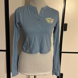 BOYS LIE Misty Blue Crop Henley T Shirt Logo Long Sleeve